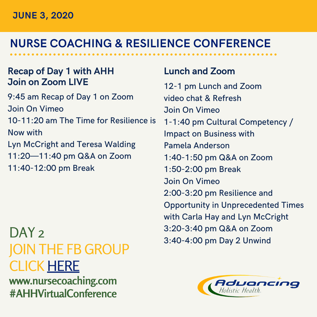 2020 Nurse Coaching & Resilience Conference - June 3 Itinerary - speakers: Lyn McCright and Teresa Walding | Pamela Anderson | Carla Hay and Lyn McCright