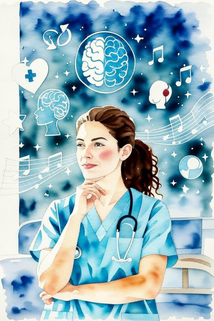 a drawing of a nurse looking thoughtful with music notes in the background