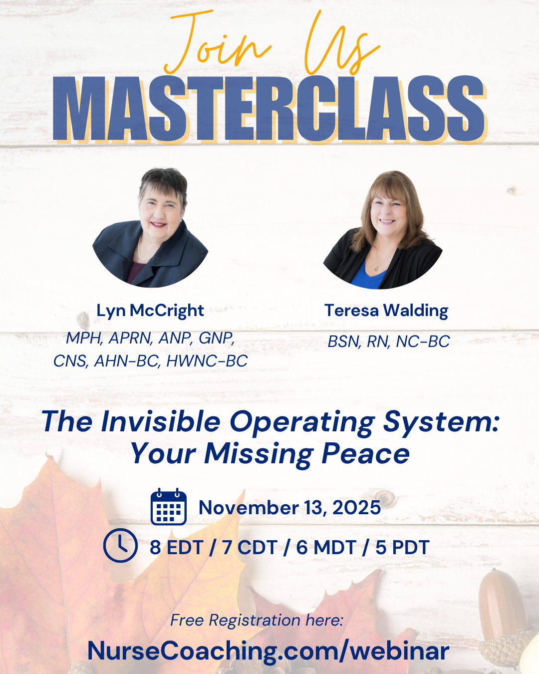 Promotional graphic for a nurse coaching masterclass event November 13, 2025