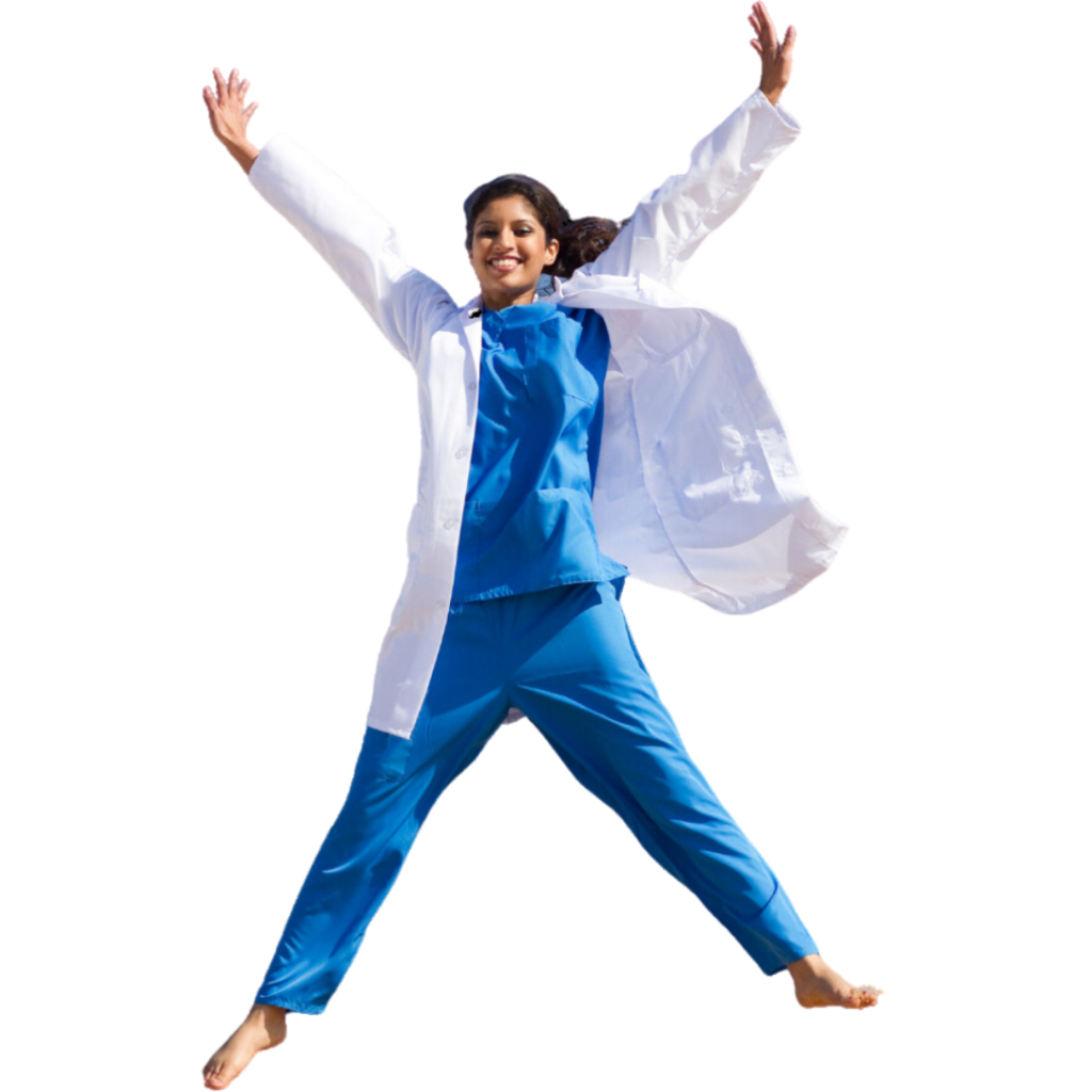 nurse jumping with joy